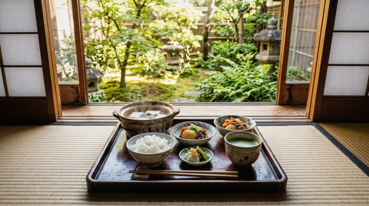 A wooden tray of small obanzai side dishes, part of what to eat in Kyoto's home-style cooking, Kyoto, Japan
