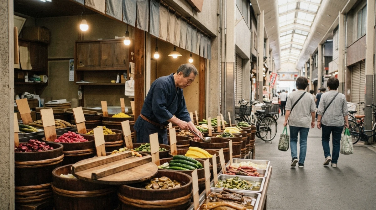 The covered arcade of Nishiki Market in Kyoto lined with food stalls and shoppers