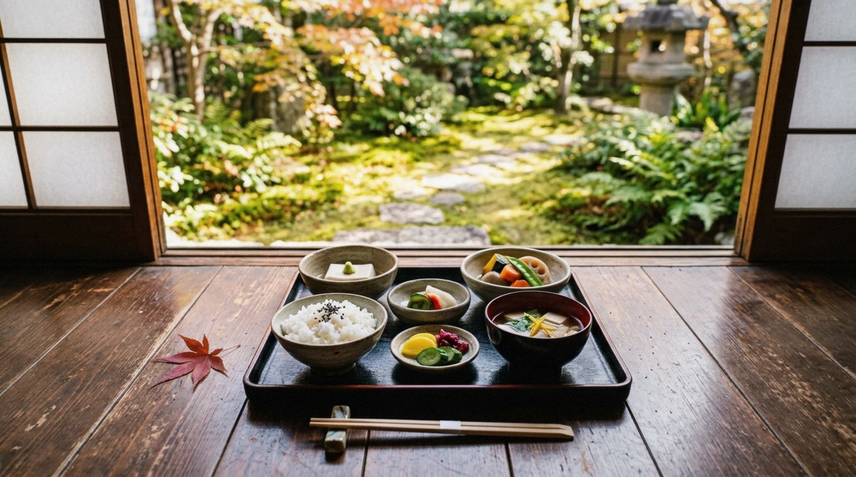 A plant-based shojin ryori course of small seasonal dishes, an example of reliable vegetarian food in Kyoto, Japan