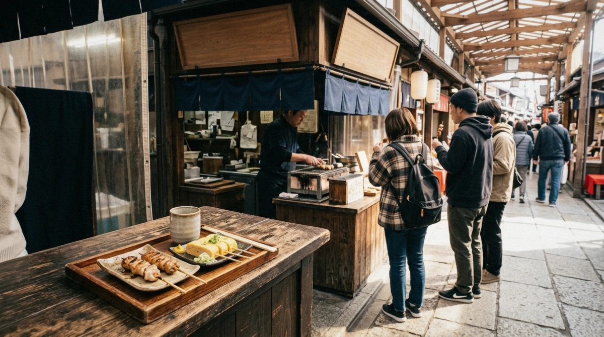 Travelers sampling skewered street food at a stall on a Kyoto food tour