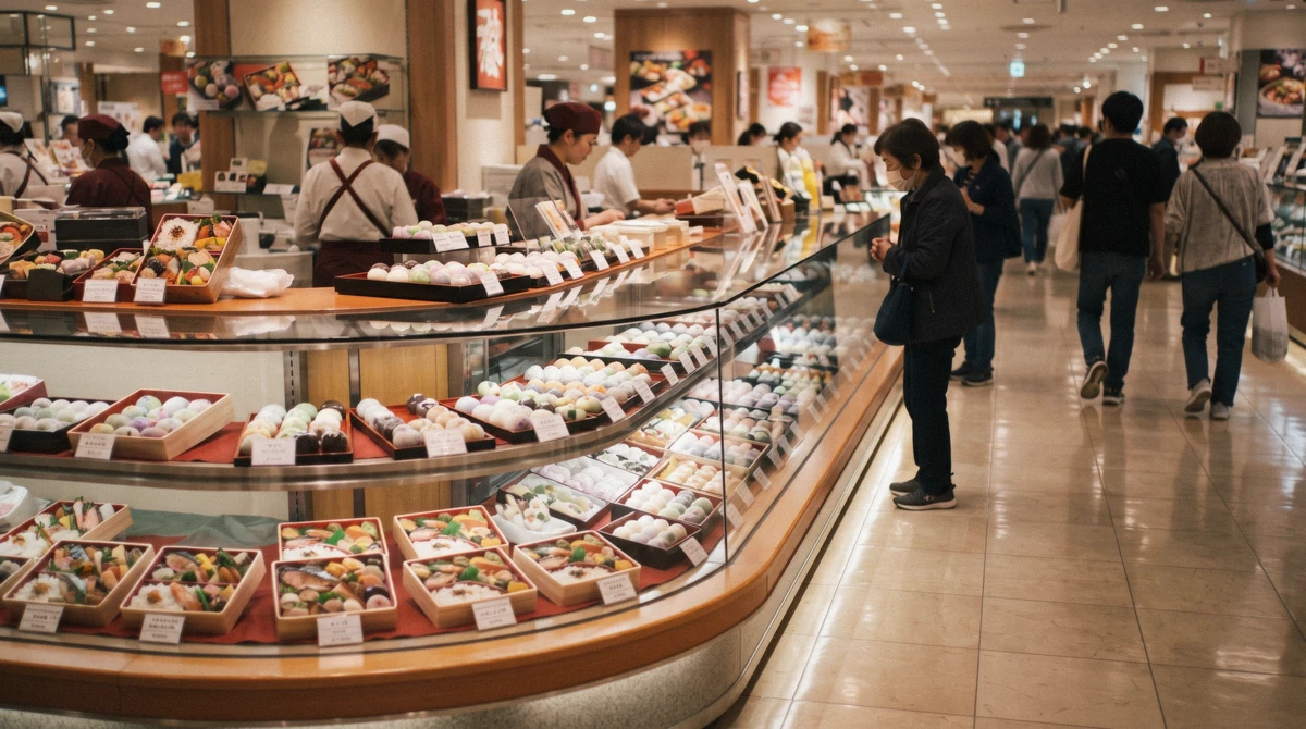 Gleaming dessert counters inside a depachika food hall visited on kyoto food tours in downtown Kyoto, Japan