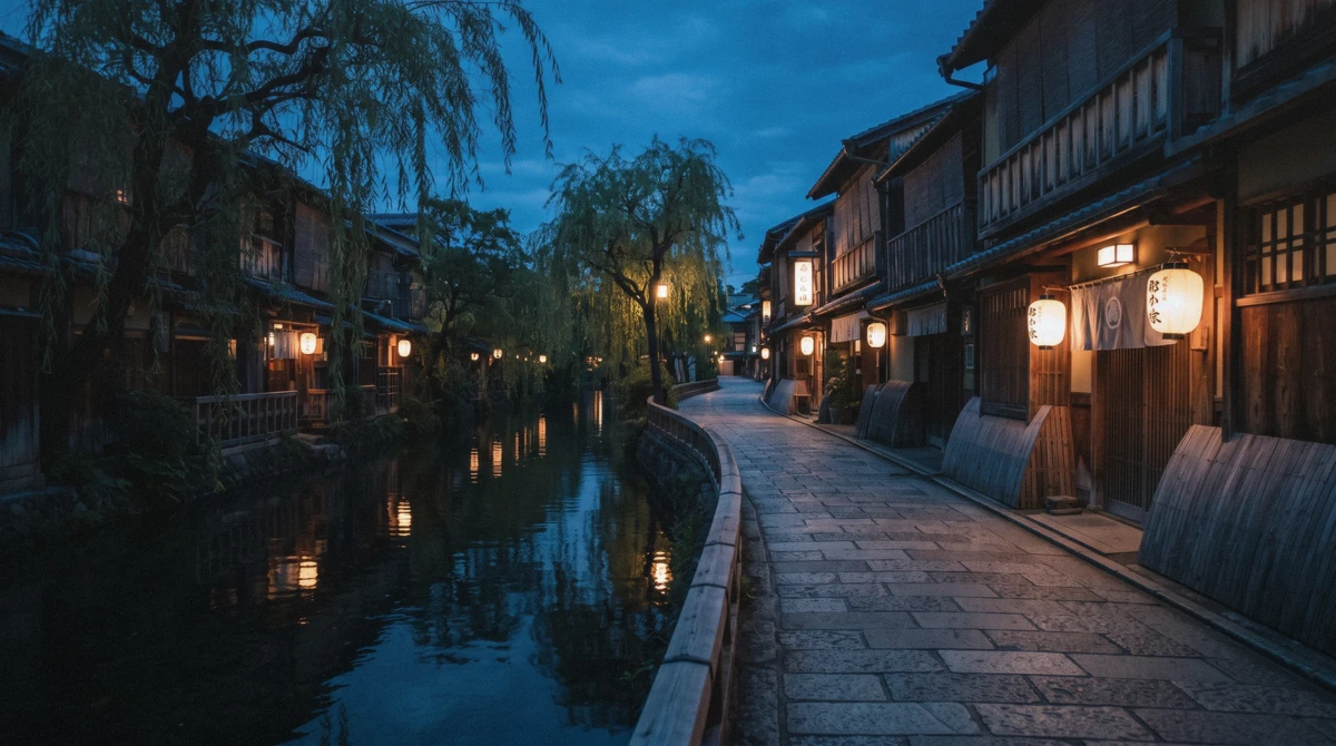 Lanterns glowing over a stone-paved Gion alley at dusk, the setting for evening kyoto food tours in Kyoto, Japan