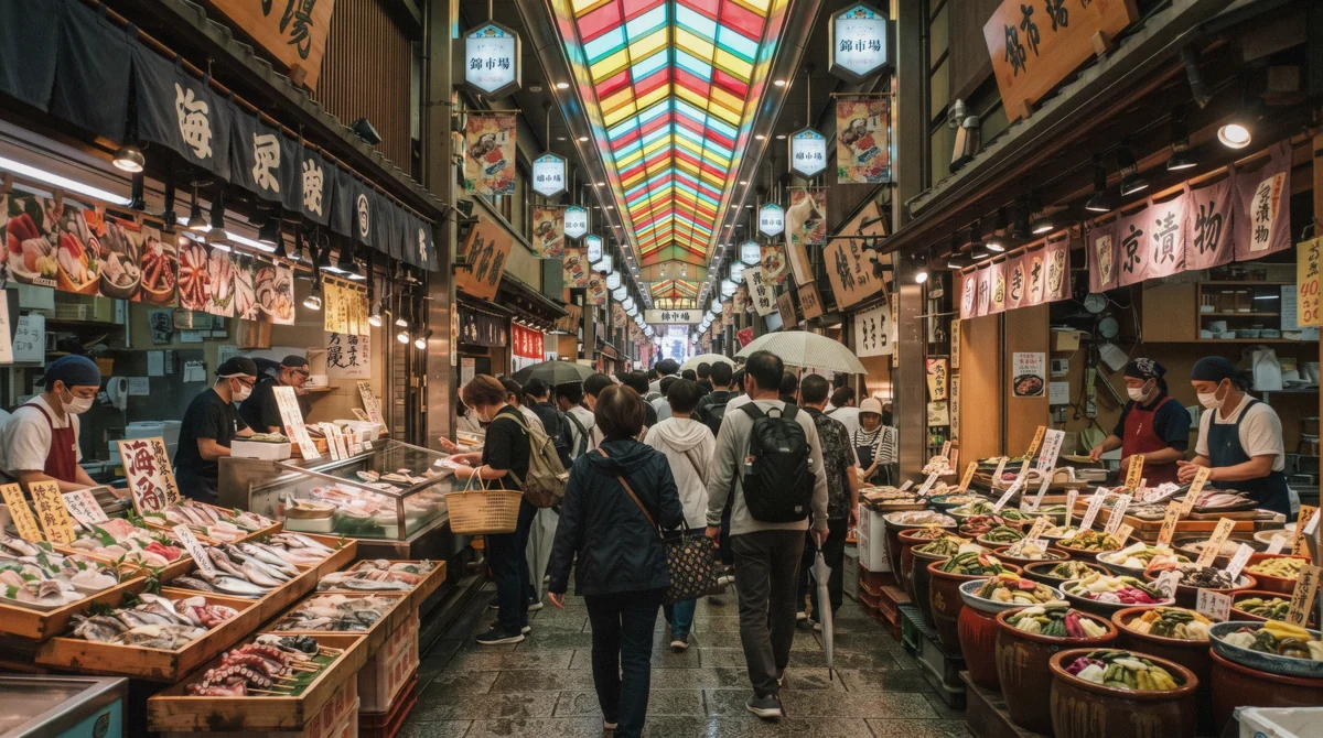 Shoppers and food stalls under the covered arcade of Nishiki Market, the first stop on most kyoto food tours in Kyoto, Japan
