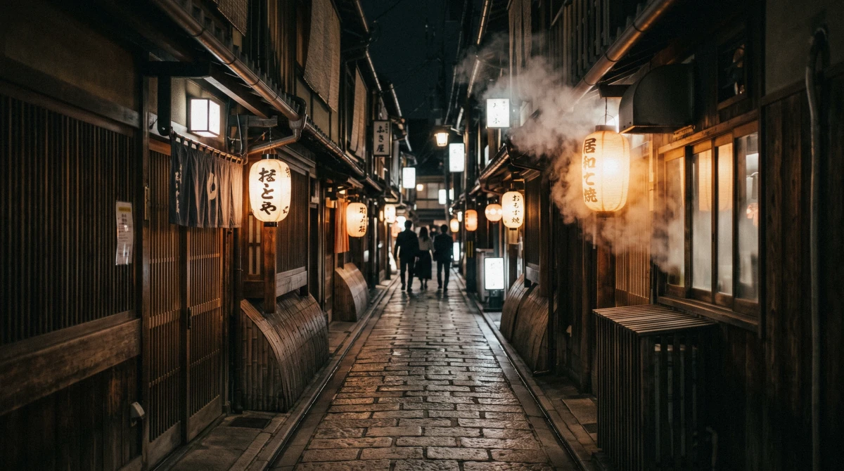 Lanterns glowing along narrow Pontocho Alley at night, the final stop of the gion and pontocho night food tour in Kyoto, Japan