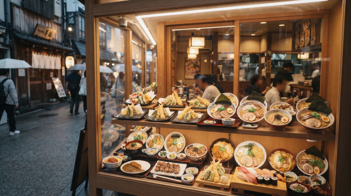 Restaurant display window of wax replica dishes like those made on the kyoto replica food making experience in Kyoto, Japan