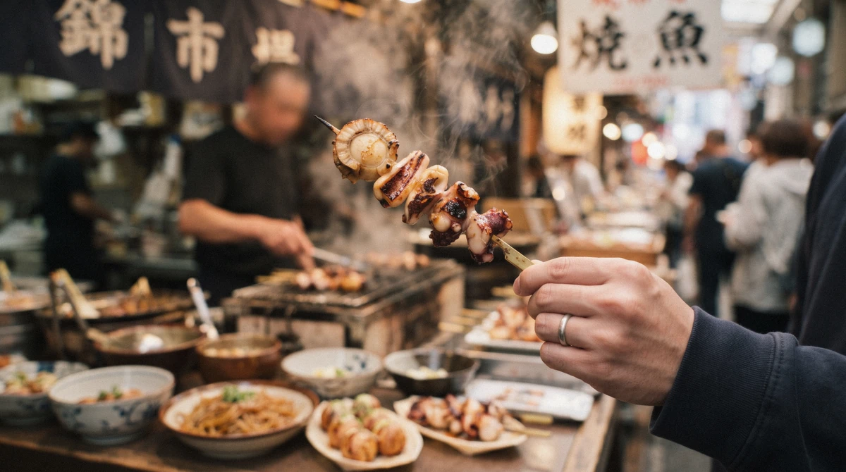 Skewers and small street food tastings handed to guests at a market stall on a kyoto food tour, Kyoto, Japan