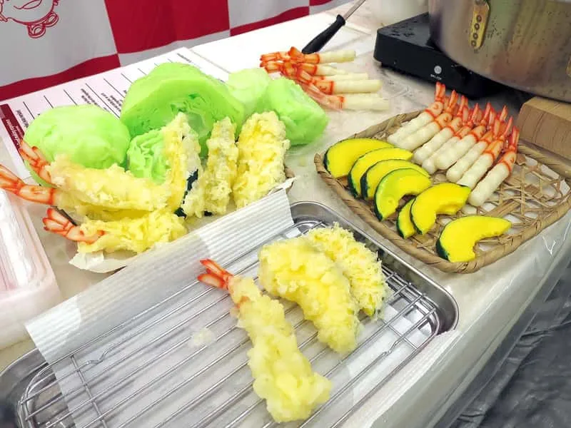 Handmade wax tempura replica crafted during a food making workshop on a kyoto food tour itinerary, Kyoto, Japan